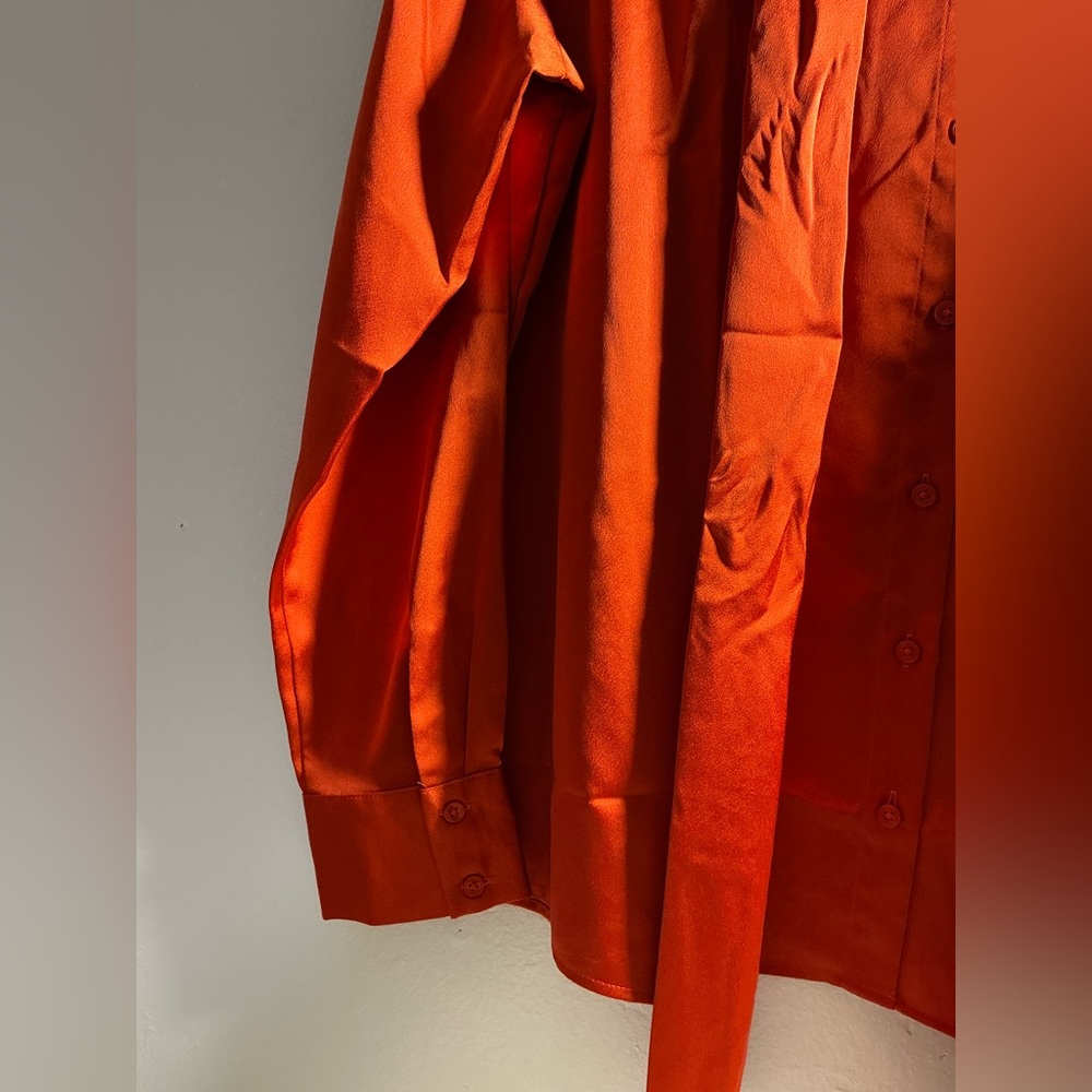Ann Taylor Vibrant Orange Satin Blouse with Neck Tie - Picture 12 of 15